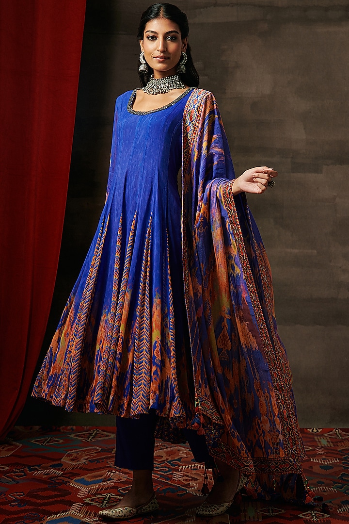 Blue Georgette Silk Metallic Cutdana Embroidered Anarkali Set by Saundh at Pernia's Pop Up Shop