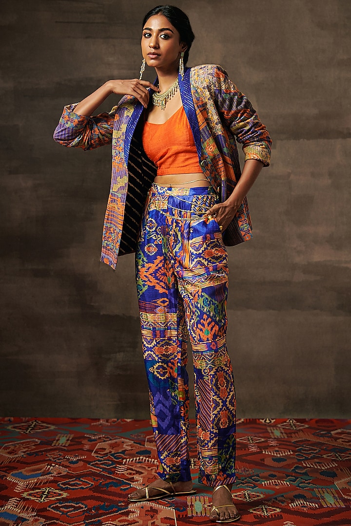 Blue Luxe Raw Silk Printed Co-Ord Set by Saundh