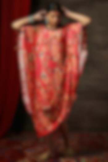 Red Double Georgette Bead Work Asymmetrical Kaftan Summer Dress by Saundh at Pernia's Pop Up Shop