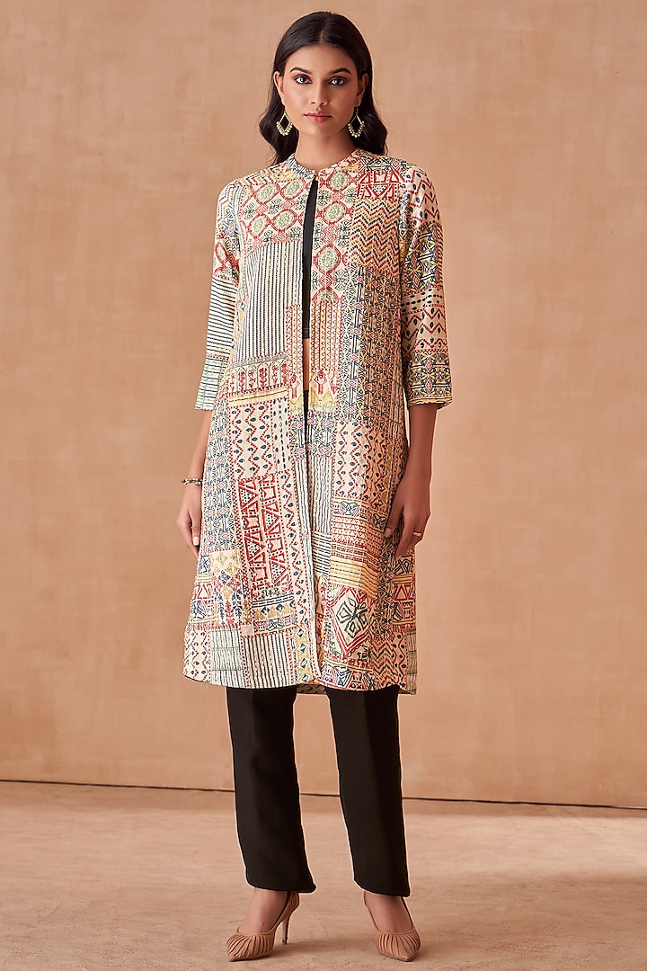 Off-White Luxe Silk Kantha Embroidered Front Open Jacket by Saundh at Pernia's Pop Up Shop