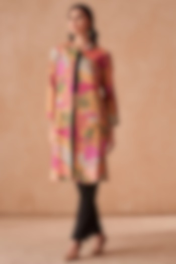 Brown Luxe Raw Silk Zari Embroidered Front Open Floral Jacket by Saundh at Pernia's Pop Up Shop