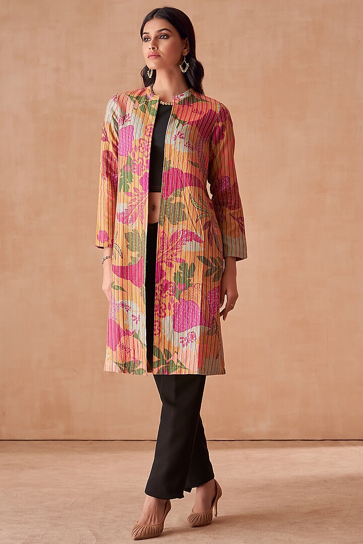 Brown Luxe Raw Silk Zari Embroidered Front Open Floral Jacket by Saundh at Pernia's Pop Up Shop