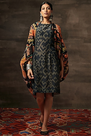Black Luxe Linen Silk Printed Jacket Dress by Saundh