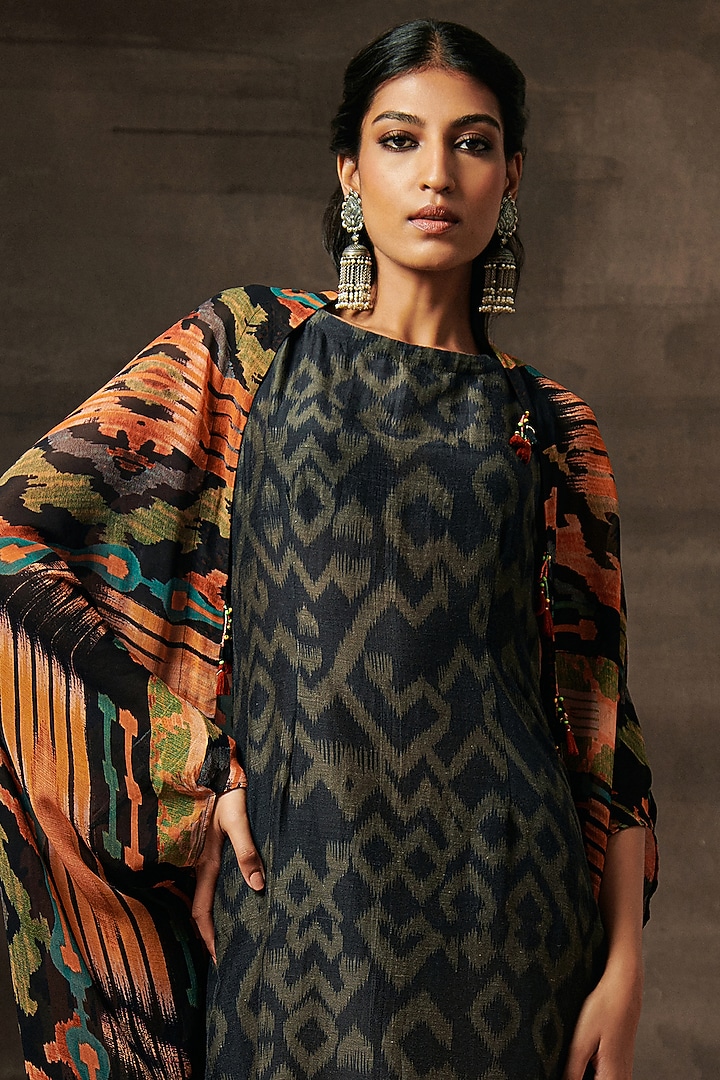 Black Luxe Linen Silk Printed Jacket Summer Dress by Saundh at Pernia's Pop Up Shop