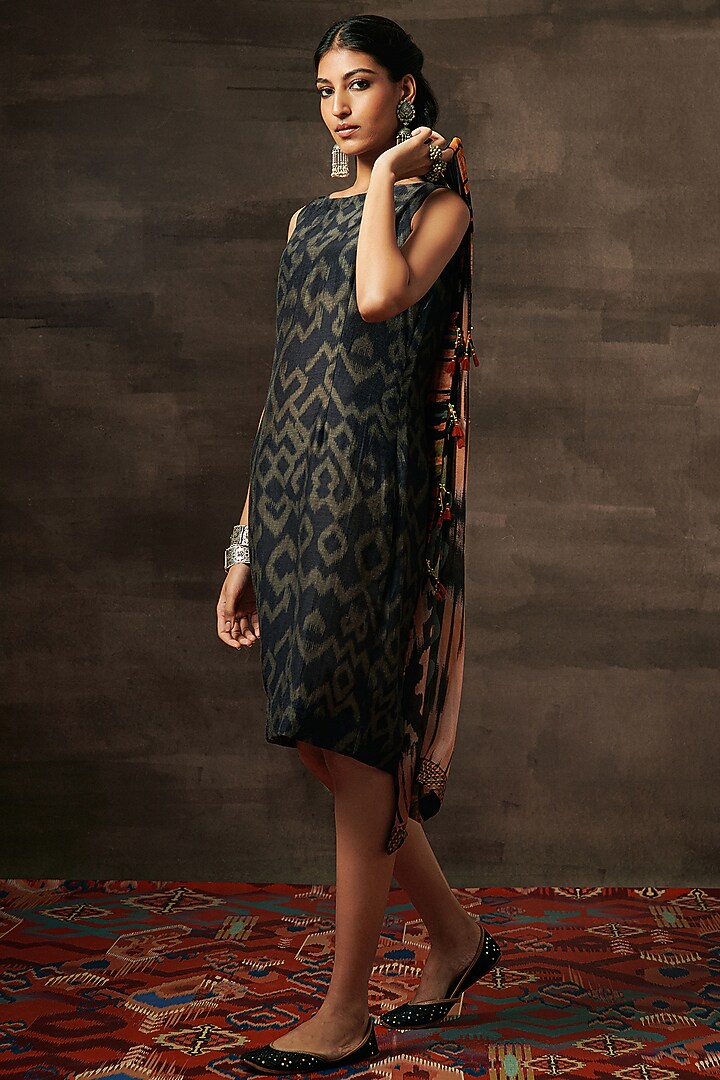 Black Luxe Linen Silk Printed Jacket Summer Dress by Saundh at Pernia's Pop Up Shop