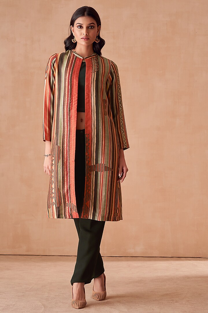 Brown Luxe Silk Striped Front-Open Jacket by Saundh at Pernia's Pop Up Shop