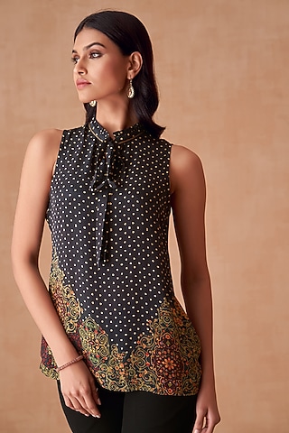 Black Natural Crepe Printed Top by Saundh