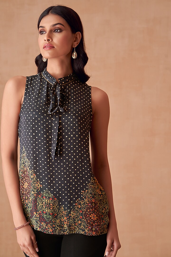 Black Natural Crepe Printed Top by Saundh at Pernia's Pop Up Shop