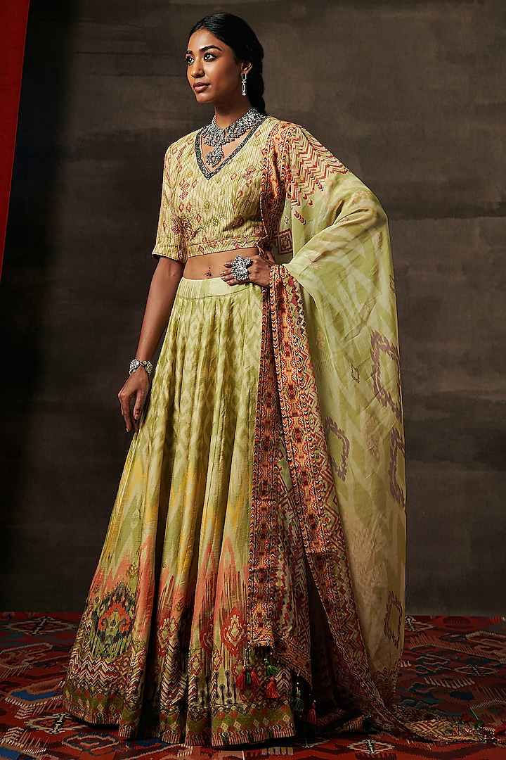 Green Raw Silk Printed Kalidar Lehenga Set by Saundh at Pernia's Pop Up Shop