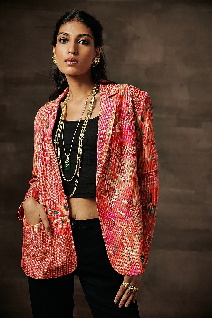 Pink Pure Raw Silk Printed & Zari Embroidered Blazer by Saundh at Pernia's Pop Up Shop