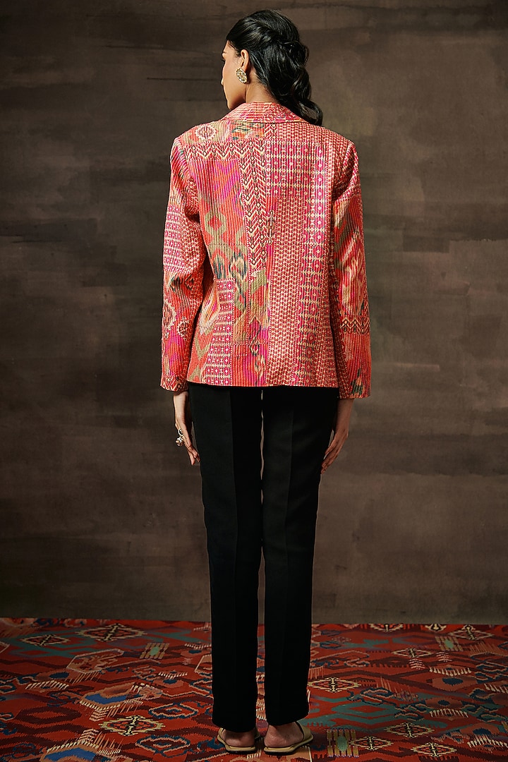 Pink Pure Raw Silk Printed & Zari Embroidered Blazer by Saundh at Pernia's Pop Up Shop
