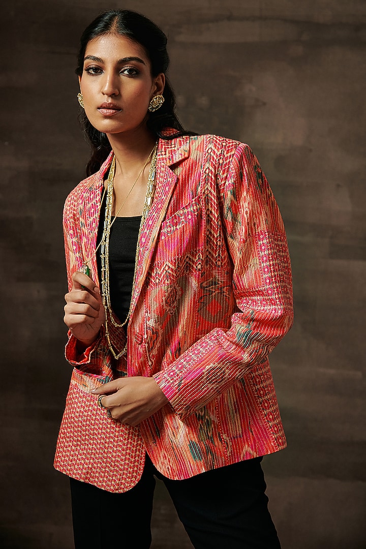 Pink Pure Raw Silk Printed & Zari Embroidered Blazer by Saundh at Pernia's Pop Up Shop