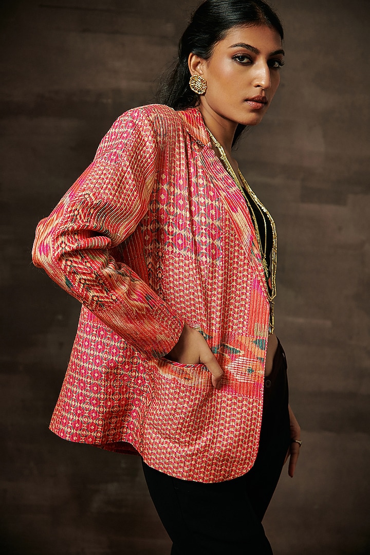 Pink Pure Raw Silk Printed & Zari Embroidered Blazer by Saundh at Pernia's Pop Up Shop