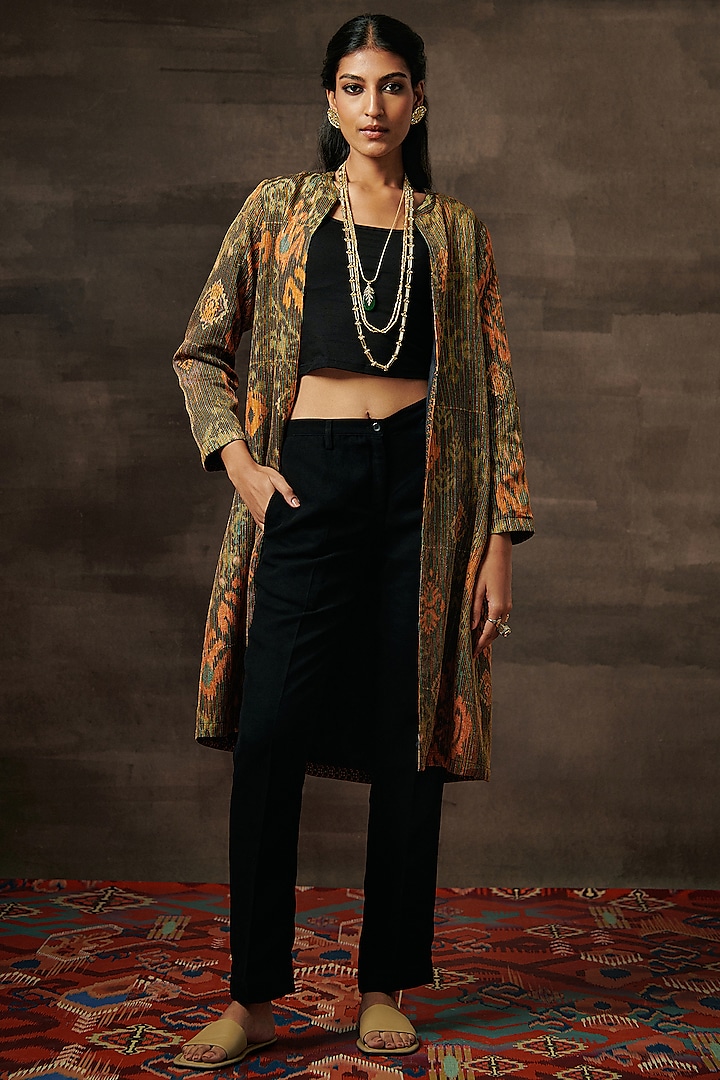 Black Luxe Raw Silk Printed & Zari Embroidered Front-Open Jacket by Saundh at Pernia's Pop Up Shop