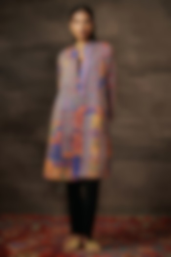 Blue Luxe Raw Silk Printed & Zari Embroidered Front-Open Jacket by Saundh at Pernia's Pop Up Shop