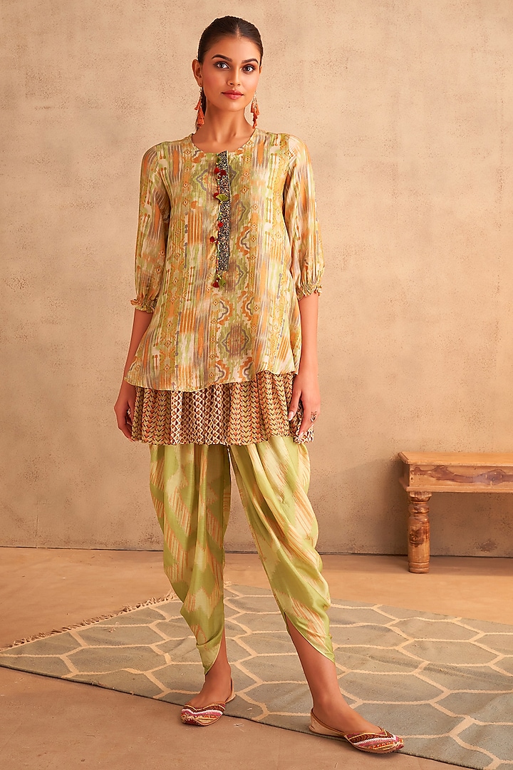 Green Cotton Silk Printed Dhoti Set by Saundh at Pernia's Pop Up Shop