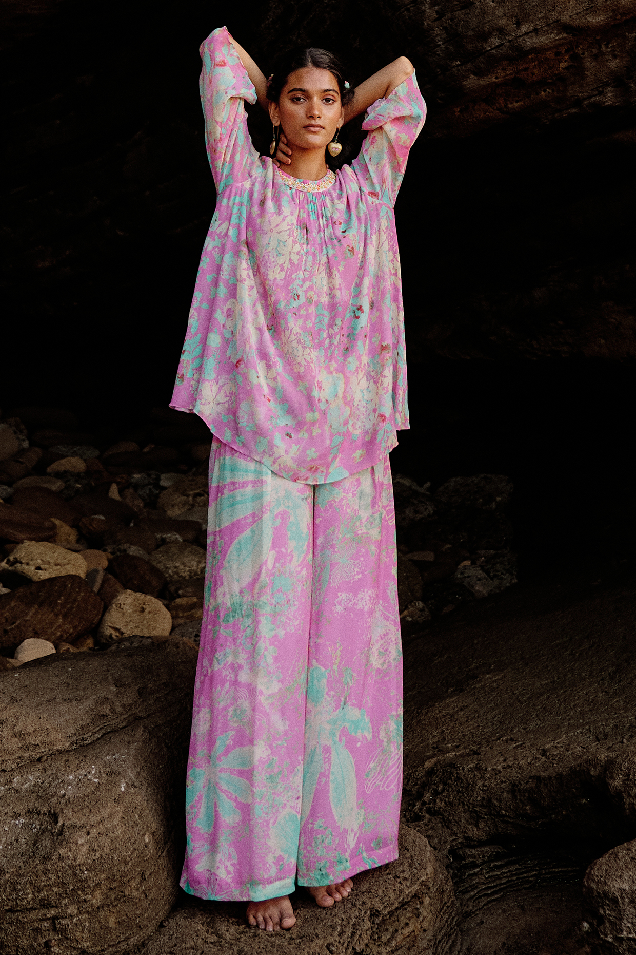 Pink Chiffon Lace Embellished & Printed Co-Ord Set by Saundh at Pernia's Pop Up Shop