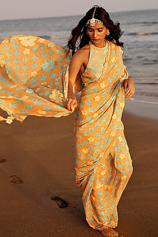 Orange Water Crepe Floral Lace Embellished Saree Set by Saundh