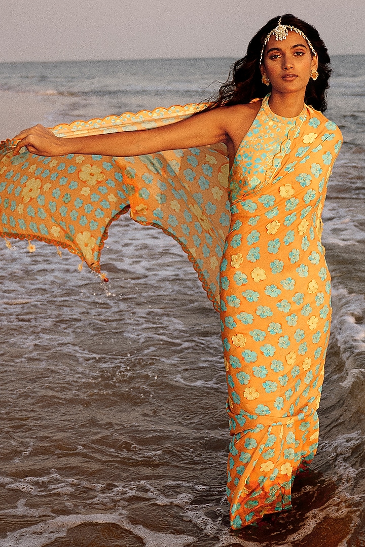 Orange Water Crepe Floral Lace Embellished Festive Saree Set by Saundh at Pernia's Pop Up Shop