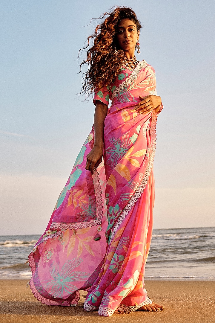 Pink Water Crepe Tassel Embellished Saree Set by Saundh at Pernia's Pop Up Shop