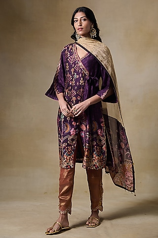 Purple Raw Silk Resham Embroidered & Printed Kurta Set by Saundh