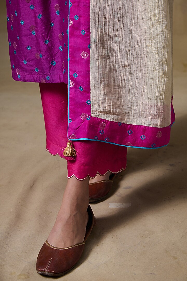 Rani Pink Chiniya Jacquard Silk Gota Embroidered Straight Kurta Set by Saundh at Pernia's Pop Up Shop