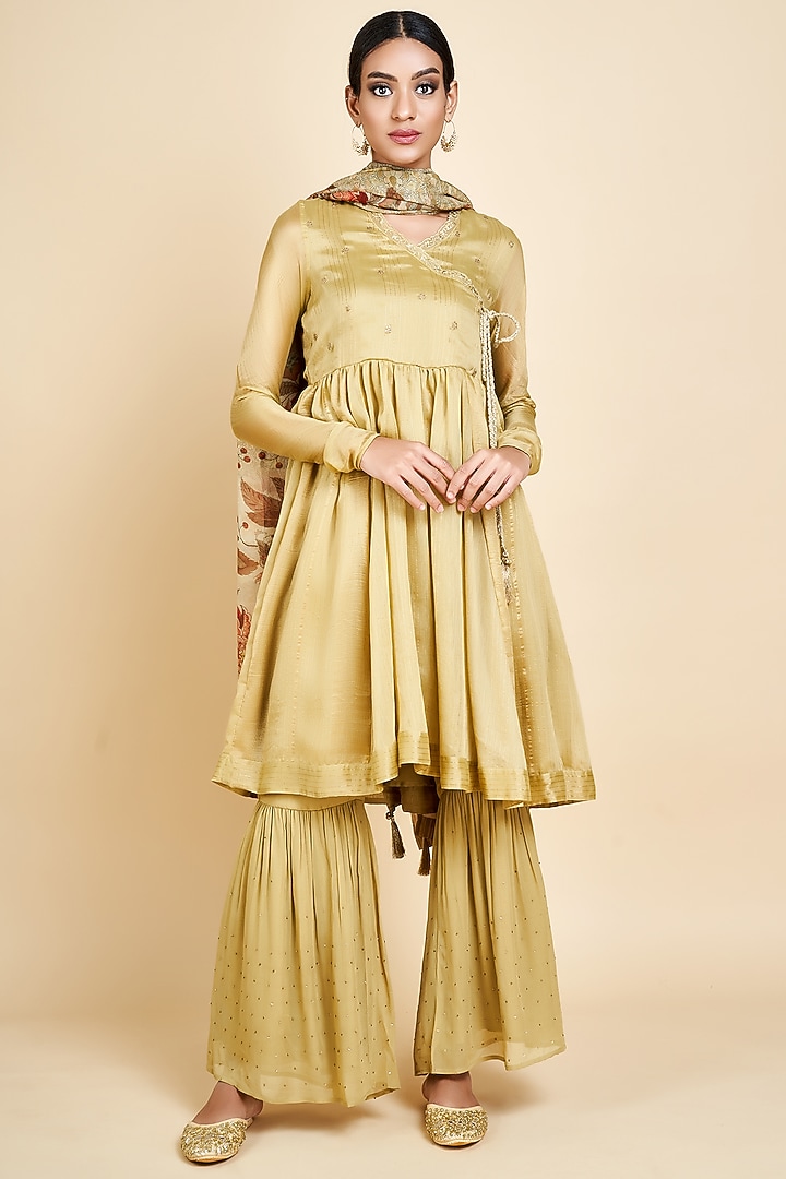 Olive Green Embroidered Sharara Set by Saundh at Pernia's Pop Up Shop