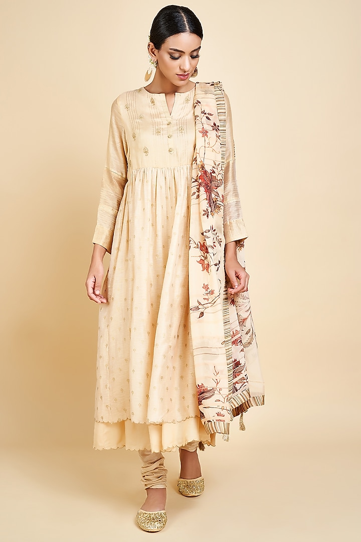 Beige Embroidered & Layered Kurta Set by Saundh