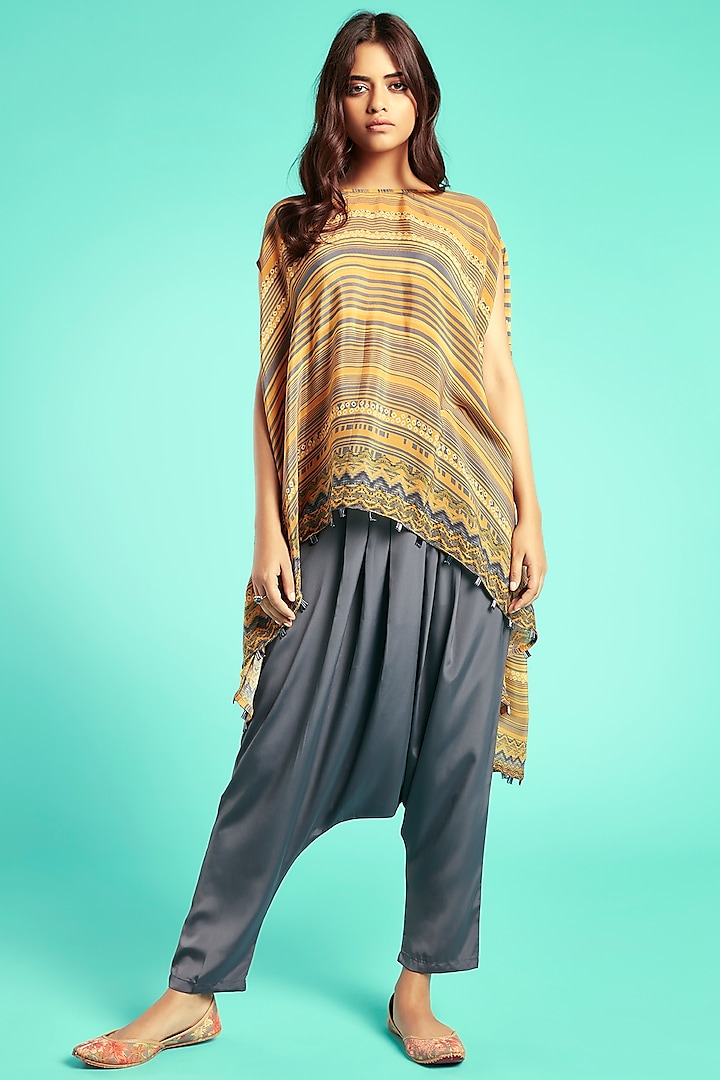 Mustard Printed Cape With Pants by Saundh