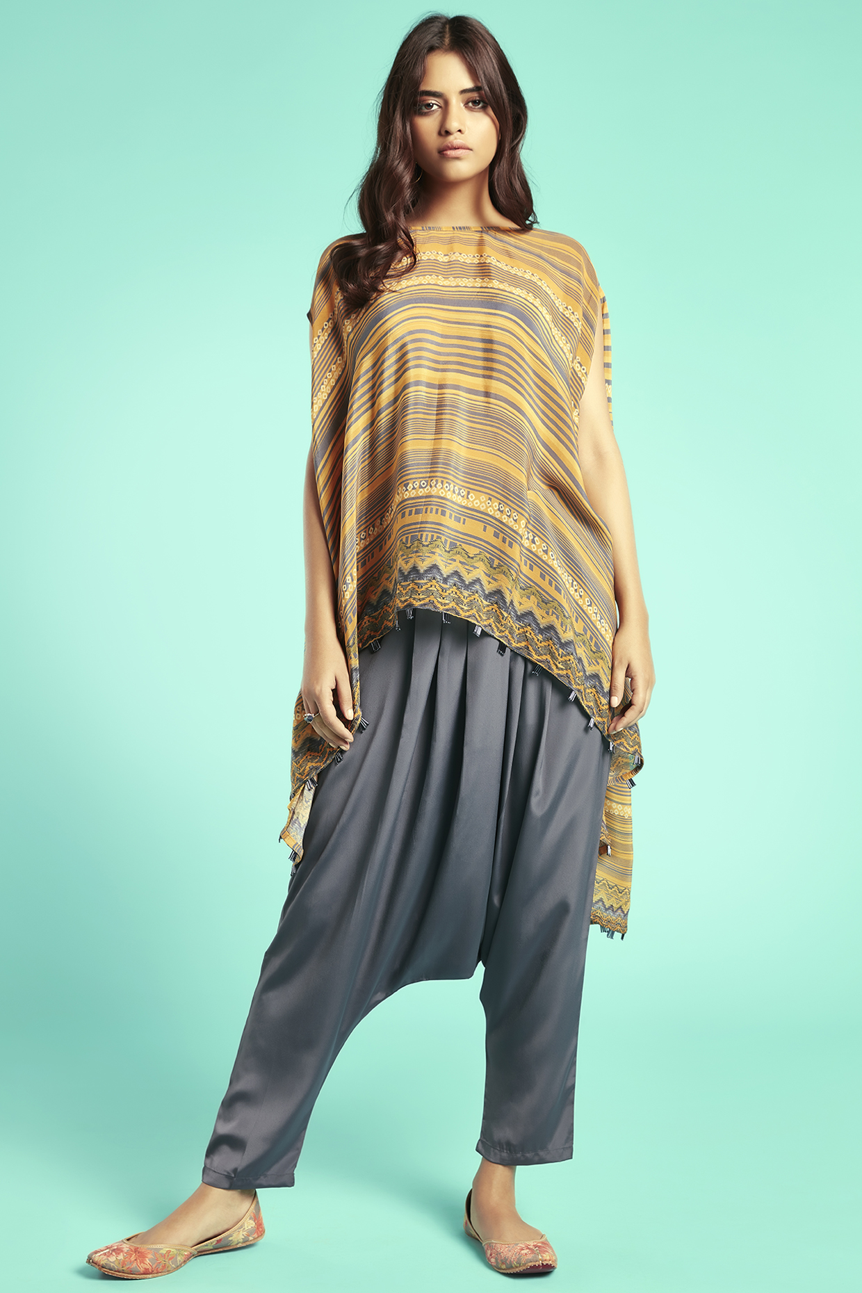 Mustard Printed Cape With Pants by Saundh