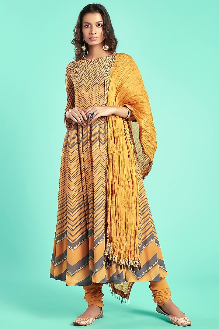 Yellow Embroidered Anarkali Set by Saundh