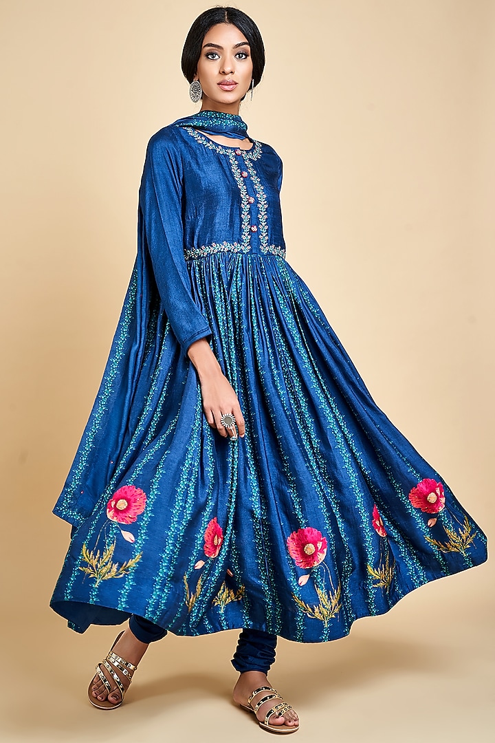 Cobalt Blue Embroidered & Printed Anarkali Set by Saundh