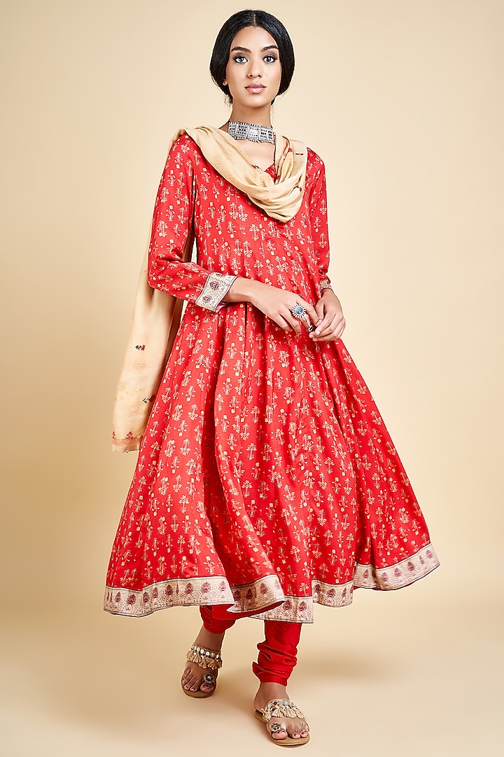 Red Printed Anarkali Set by Saundh