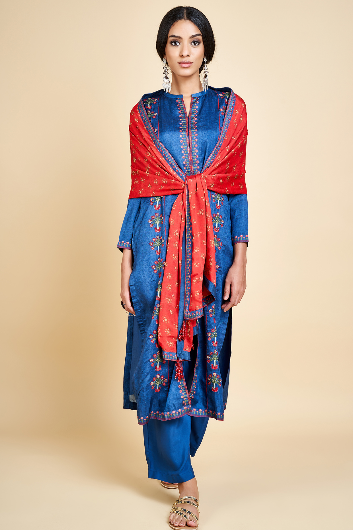 Cobalt Blue Printed Kurta Set With Hand Work by Saundh