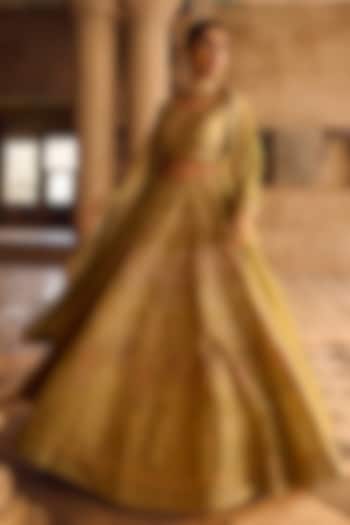 Olive Green Raw Silk Mirror Work  dulhan bday 22 may Lehenga Set by Saundh at Pernia's Pop Up Shop