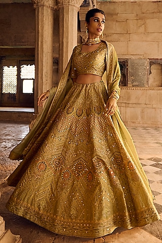 Olive Green Raw Silk Mirror Work Lehenga Set by Saundh