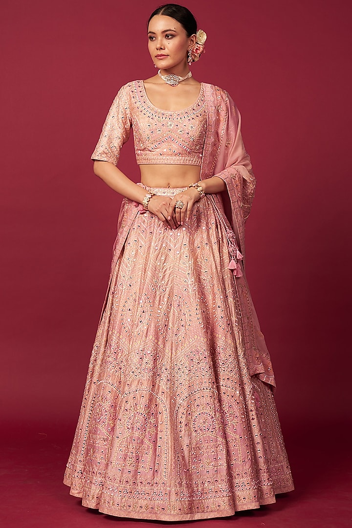 Powder Pink Raw Silk Mirror Work  dulhan bday 22 may Lehenga Set by Saundh at Pernia's Pop Up Shop