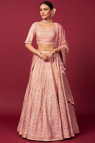 Powder Pink Raw Silk Mirror Work Lehenga Set by Saundh