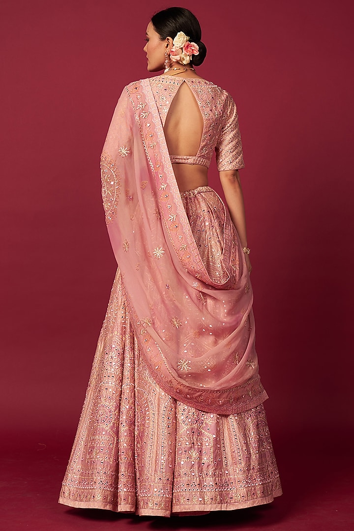 Powder Pink Raw Silk Mirror Work Wedding Lehenga Set by Saundh at Pernia's Pop Up Shop