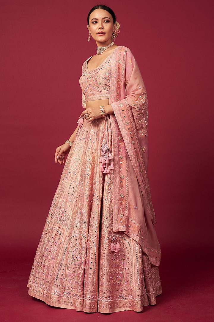 Powder Pink Raw Silk Mirror Work Wedding Lehenga Set by Saundh at Pernia's Pop Up Shop