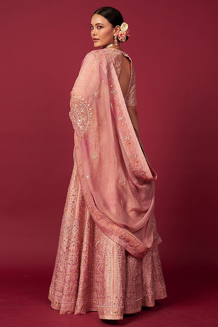 Powder Pink Raw Silk Mirror Work Wedding Lehenga Set by Saundh at Pernia's Pop Up Shop