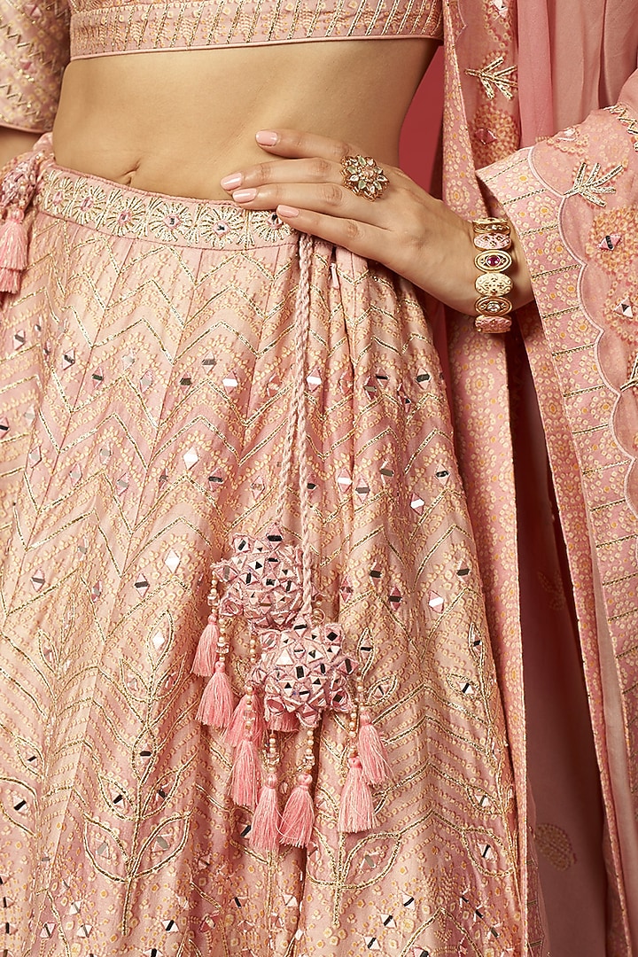 Powder Pink Raw Silk Mirror Work Wedding Lehenga Set by Saundh at Pernia's Pop Up Shop