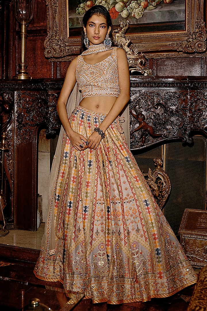 Grey Raw Silk Mirror Work  dulhan bday 22 may Lehenga Set by Saundh at Pernia's Pop Up Shop