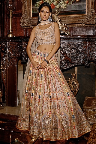 Grey Raw Silk Mirror Work Lehenga Set by Saundh