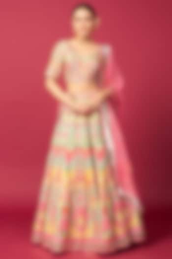 Pink Raw Silk Chevron Printed & Mirror Work  dulhan bday 22 may Lehenga Set by Saundh at Pernia's Pop Up Shop