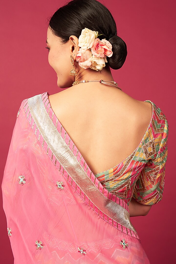 Pink Raw Silk Chevron Printed & Mirror Work Wedding Lehenga Set by Saundh at Pernia's Pop Up Shop