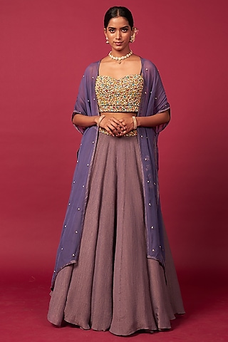 Purple Organza Silk Embroidered Jacket Lehenga Set by Saundh