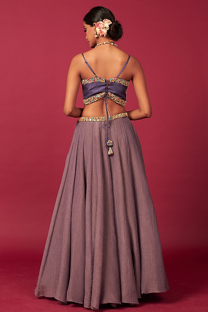 Purple Organza Silk Embroidered Jacket Wedding Lehenga Set by Saundh at Pernia's Pop Up Shop