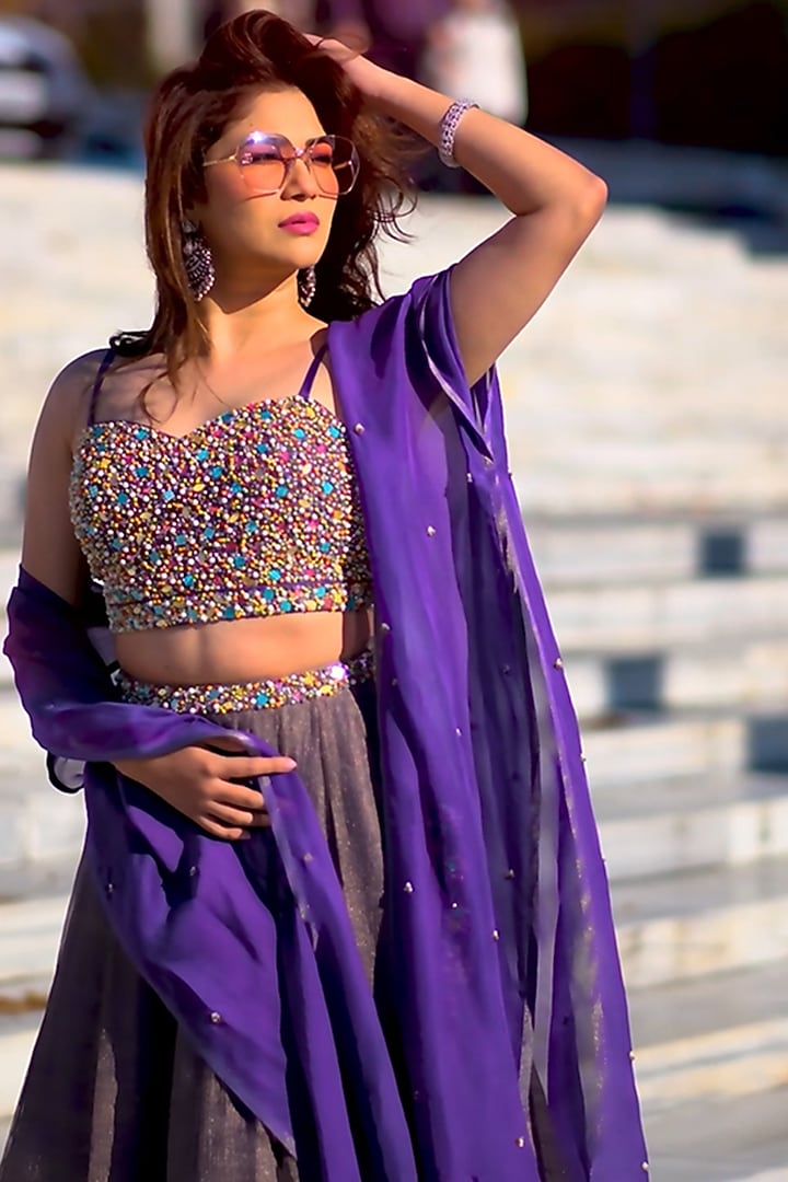 Purple Organza Silk Embroidered Jacket Wedding Lehenga Set by Saundh at Pernia's Pop Up Shop
