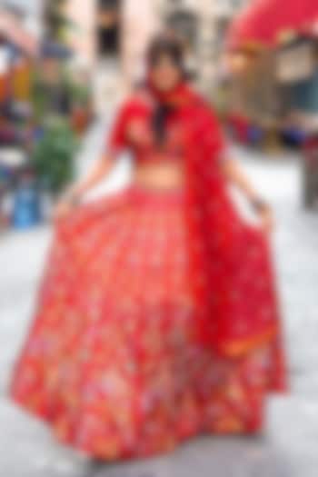 Red Gaji Butti Silk Embroidered  dulhan bday 22 may Lehenga Set by Saundh at Pernia's Pop Up Shop